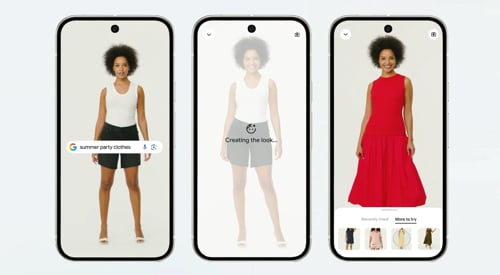 Screenshot of Google's virtual try-on feature showing a female in three dresses