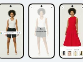 Screenshot of Google's virtual try-on feature showing a female with 3 dresses