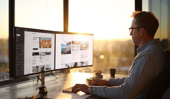 Male working on two computer screens at an office desk