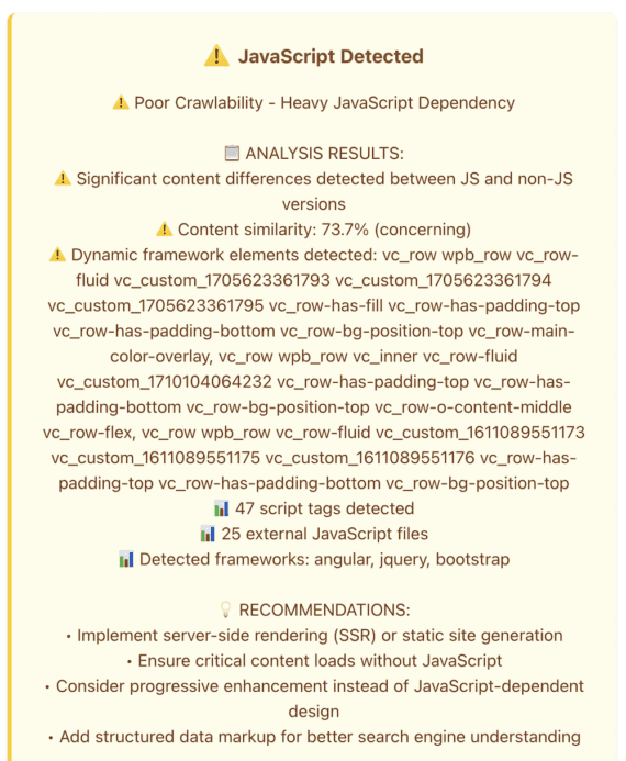 JavaScript analysis from Aiso Text on an image that reads, "JavaScript Detected warning for poor crawlability due to heavy JavaScript dependency. Analysis shows 73.7% content similarity between JS and non-JS versions, dynamic framework elements, and 47 script tags with 25 external JavaScript files. Frameworks detected include Angular, jQuery, and Bootstrap. Recommendations include server-side rendering, ensuring critical content loads without JavaScript, using progressive enhancement, and adding structured data for SEO."