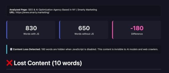 SEO analysis report from AI Eyes for Smarty Marketing webpage showing word counts with and without JavaScript. 830 words with JS, 650 words without, difference of -180. Message highlights content loss of 180 words hidden from crawlers when JavaScript is disabled.