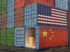 Illustration of shipping containers with U.S. and China flags