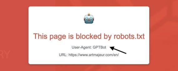 Warning message from RoboView with robot icon stating 'This page is blocked by robots.txt' for user-agent GPTBot on URL https://www.artmajeur.com/en/."