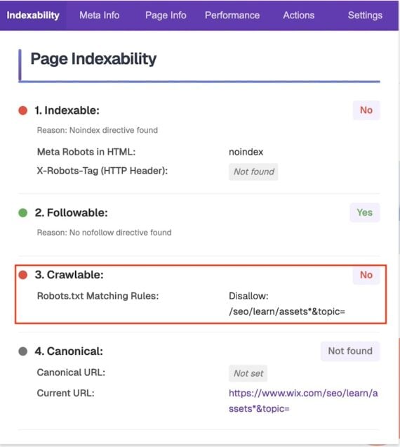 Audit report screenshot from SEO X-Ray showing page indexability issues. The page is not indexable due to a 'noindex' directive, is followable, but not crawlable due to robots.txt disallow rules. Canonical URL is not set. Current URL is a Wix SEO learn page. 