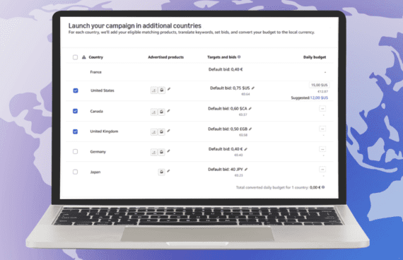 Screenshot of the Amazon Ads campaign setup tool on a laptop screen. The interface shows options to launch campaigns in multiple countries with advertised products, default bid amounts in local currencies, and daily budget fields. Countries listed include France, United States, Canada, United Kingdom, Germany, and Japan, with checkboxes to select markets for campaign expansion.