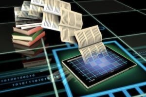 Illustration of book pages leaving a tablet computer