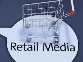 Illustration of the words "retail media" next to a physical shopping cart