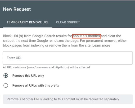 Screenshot of Google Search Console’s “New Request” dialog under the “Temporarily Remove URL” tab. Screenshot of Google Search Console’s “New Request” dialog under the “Temporarily Remove URL” tab. The interface allows users to block URLs from Google Search results for about six months. Options include entering a URL, choosing to remove only that URL or all URLs with the same prefix, and proceeding with a “Next” button.