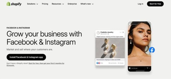 Screenshot of Shopify's page promoting the Facebook and Instagram integrations