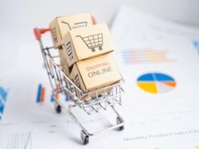 Shopping cart logo on box on graph. Banking Account, Investment economy, trading, Business import export transportation online.
