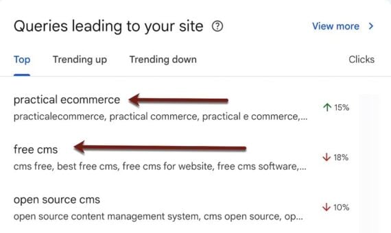 Screenshot of Search Console's Insights keyword trends report.