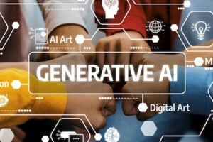 Illustration stating "Generative AI" with digital concepts in background