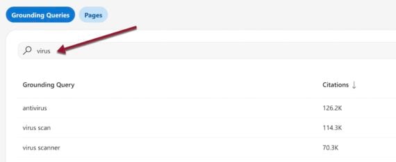 Screenshot of for Grounding Queries that include "virus"