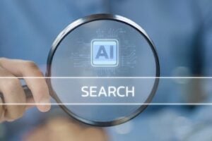 The words "AI Search" behind a magnifying glass