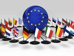 E.U. flag surrounded by flags of member countries