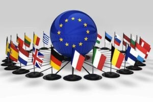 E.U. flag surrounded by flags of member countries
