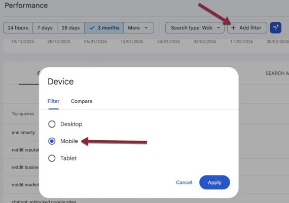 Screenshot in Search Console of performance by device. Screenshot in Search Console of performance by device.