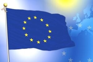 E.U. flag superimposed over a E.U. map