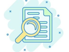 Illustration of a magnifying glass over a tablet with text on the screen