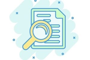 Illustration of a magnifying glass over a tablet with text on the screen