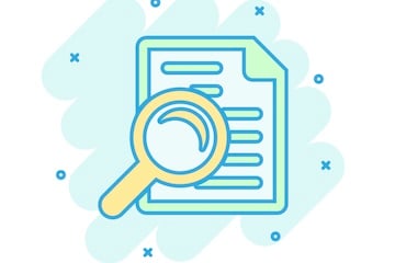 Illustration of a magnifying glass over a tablet with text on the screen