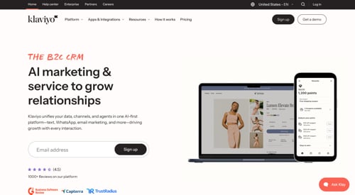 Home page of Klaviyo