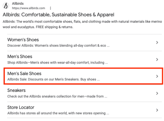 Captura de tela de um anúncio da Allbirds com cinco sitelinks.