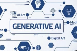 Illustration of words "Generative AI" next to optimization icons
