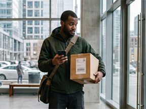 Image of a contract-delivery driver in the lobby of an urban highrise