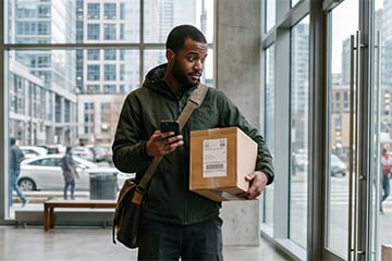 Image of a contract-delivery driver in the lobby of an urban highrise