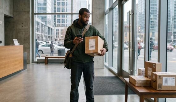 Photo of a gig driver in a downtown high-rise lobby holding a package Photo of a gig driver in a downtown high-rise lobby holding a package