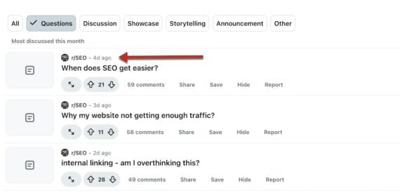 Screenshot of Reddit Pro topic ideas feature showing "Questions" filter selected with three most-discussed posts from r/SEO this month: "When does SEO get easier?" (21 upvotes, 59 comments), "Why my website not getting enough traffic?" (11 upvotes, 58 comments), and "internal linking - am I overthinking this?" (26 upvotes, 49 comments). A red arrow points to the r/SEO subreddit label on the first post.