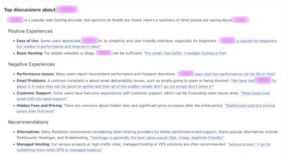 Screenshot of Reddit Pro brand sentiment analysis showing "Top discussions about [brand]" with a summary of Reddit opinions organized into Positive Experiences (Ease of Use, Basic Hosting), Negative Experiences (Performance Issues, Email Problems, Customer Support, Hidden Fees and Pricing), and Recommendations (Alternatives, Managed Hosting). The brand name is redacted with pink highlighting throughout.