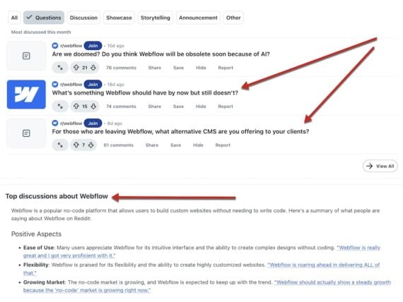 Screenshot of Reddit Pro competitor monitoring feature showing three top questions from r/webflow — about AI obsolescence, missing features, and CMS alternatives — along with a "Top discussions about Webflow" sentiment summary below highlighting Positive Aspects including Ease of Use, Flexibility, and Growing Market. Red arrows point to key interface elements.