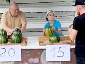 Screenshot of TikTok video showing 2 watermelon sellers