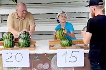 Screenshot of TikTok video showing 2 watermelon sellers