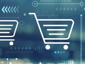 Illustration of an ecommerce cart and digital marketing concepts