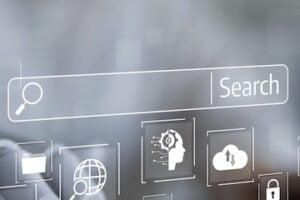 Illustration of a search box alongside digital concepts