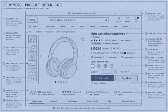 Annotated blueprint diagram of an ecommerce product detail page, illustrating 13 UX and conversion best practices. The layout includes a header with a promotional banner, logo, search bar, and navigation menu; a product section featuring a large image gallery, product title, star ratings, pricing with discount, color and quantity selectors, and Add to Cart and Buy Now buttons; a social proof bar with purchase activity and ratings; and a tabbed content area for product details, specifications, reviews, and shipping. Numbered callouts identify key elements including trust signals, clear navigation, visual focus, friction reduction, social proof, benefit-driven titles, transparent pricing, variant selectors, and prominent calls to action.