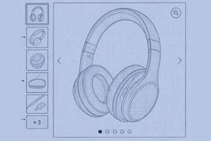 Image of headphones on a blueprint of a product page