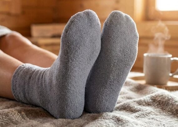 Image of socks on human feet next to a coffee mug with steam