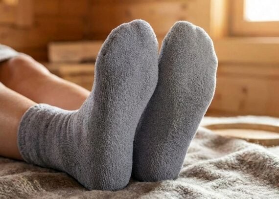 Image of two socks on human feet without a mug or steam
