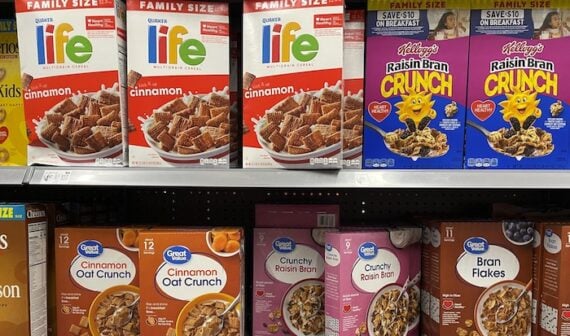 Breakfast cereal selections on a grocery shelf Breakfast cereal selections on a grocery shelf