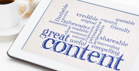 "Great content" word cloud on a tablet