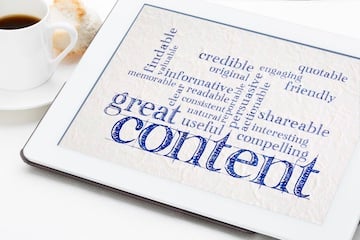 great content writing word cloud on a digital tablet with a cup of coffee - business writing and content marketing concept