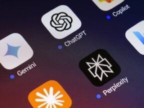 The Google Gemini, ChatGPT, Microsoft Copilot, Claude by Anthropic, Perplexity and Bing apps logos is displayed on the screen of a smartphone