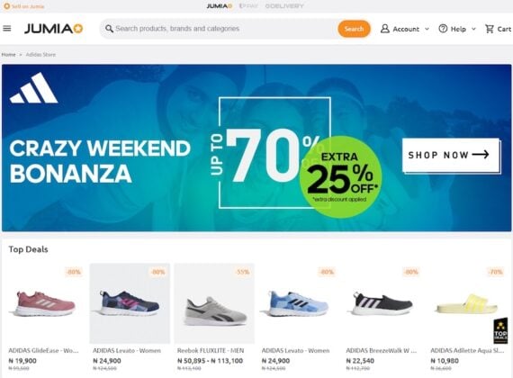 Screenshot of a Jumia web page featuring Adidas products. Screenshot of a Jumia web page featuring Adidas products.