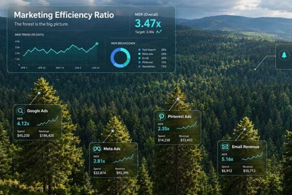 Marketing dashboard titled "Marketing Efficiency Ratio" over an aerial forest photo, with the tagline "The forest is the big picture.Marketing dashboard titled "Marketing Efficiency Ratio" over an aerial forest photo, with the tagline "The forest is the big picture."