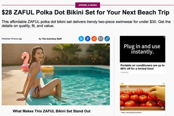 Smiling woman in a blue polka dot ZAFUL bikini sitting poolside with a pink flamingo float in the background.