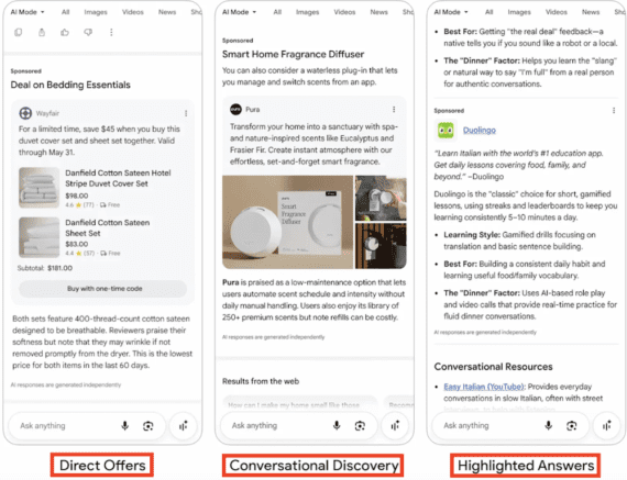 Three Google AI Mode screenshots showing new ad formats: "Direct Offers" with a sponsored Wayfair bedding deal, "Conversational Discovery" with a sponsored Pura fragrance diffuser, and "Highlighted Answers" with a sponsored Duolingo language-learning result. Three Google AI Mode screenshots showing new ad formats: "Direct Offers" with a sponsored Wayfair bedding deal, "Conversational Discovery" with a sponsored Pura fragrance diffuser, and "Highlighted Answers" with a sponsored Duolingo language-learning result.
